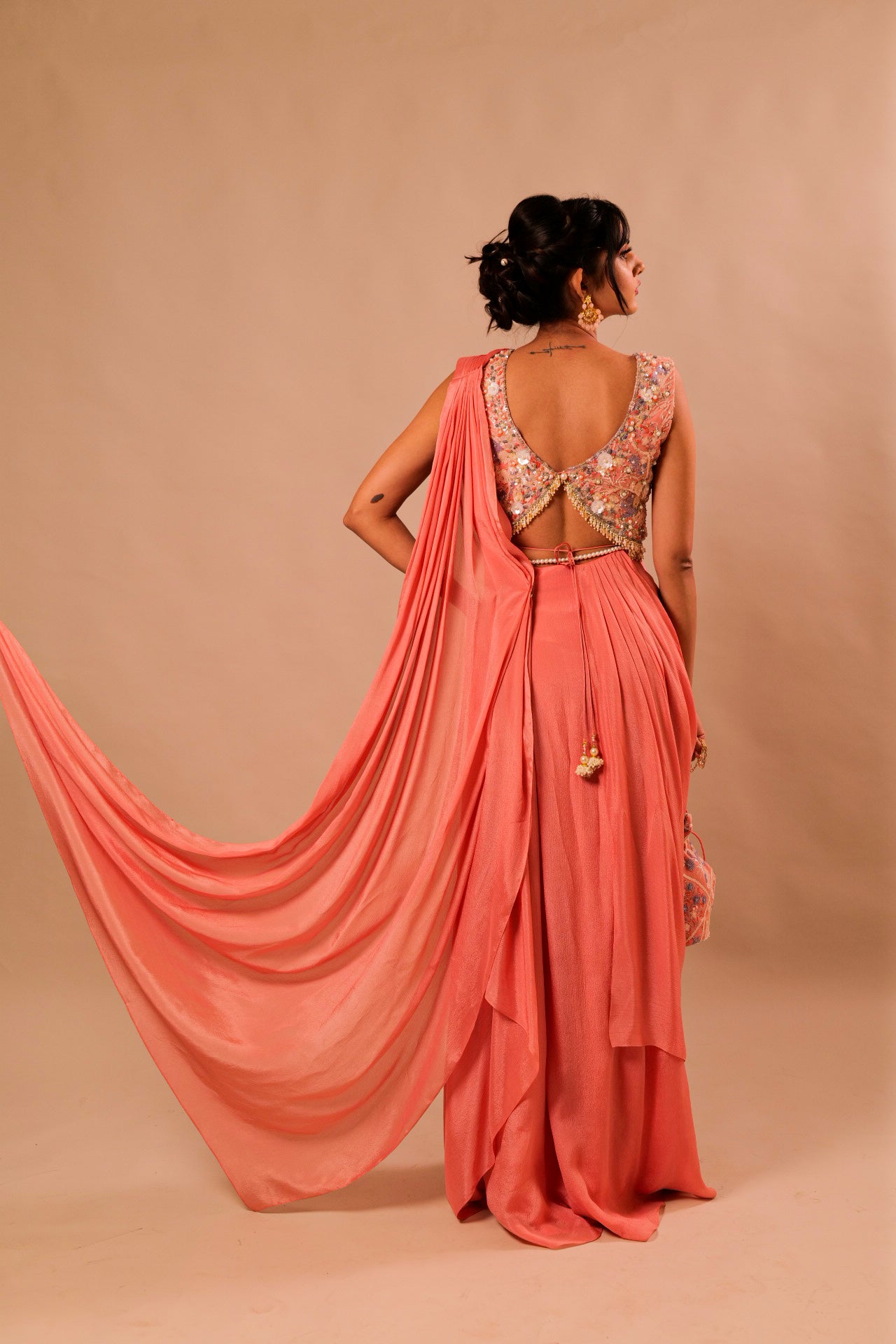 Fancy Coral Pink Drape Saree