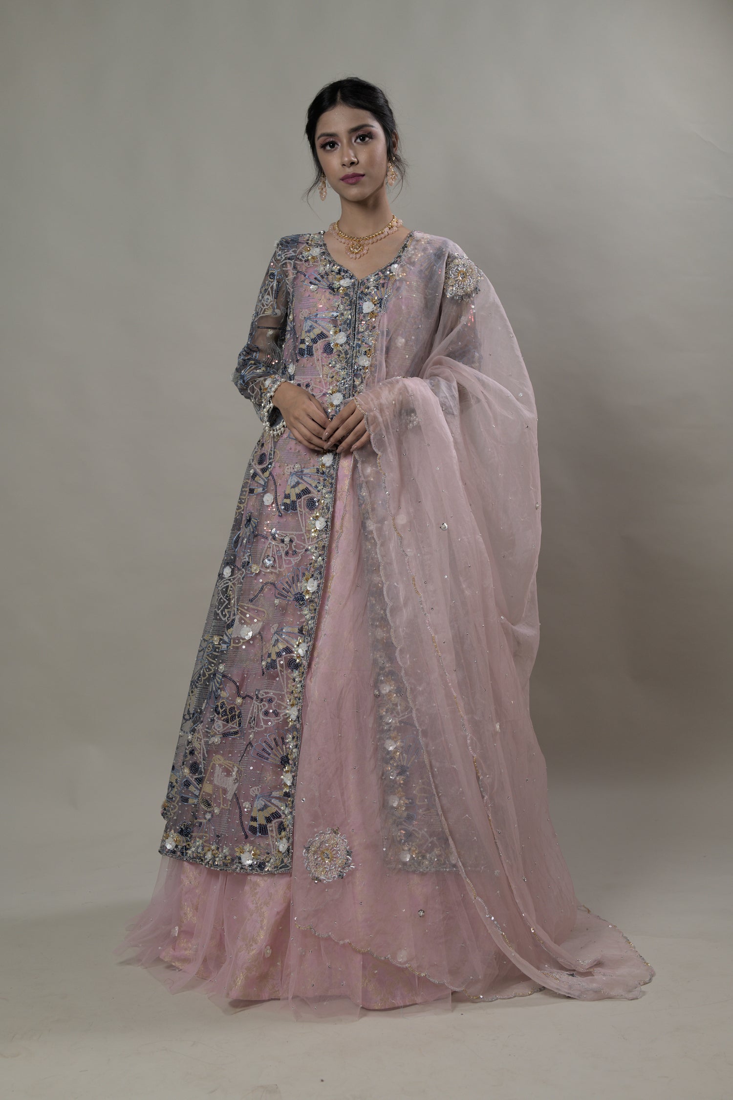 Baby pink sequin embellished jacket with Lehenga