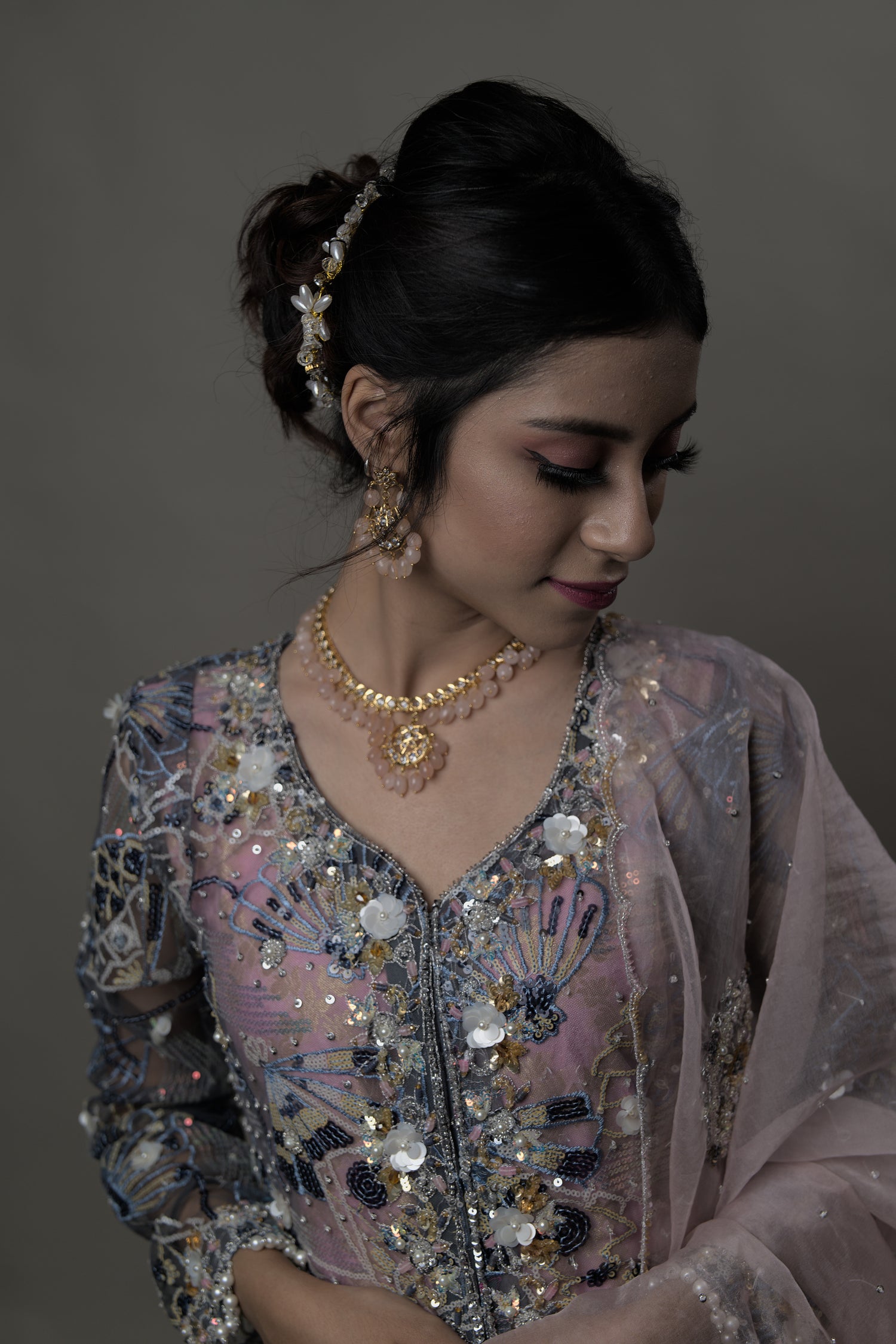 Baby pink sequin embellished jacket with Lehenga