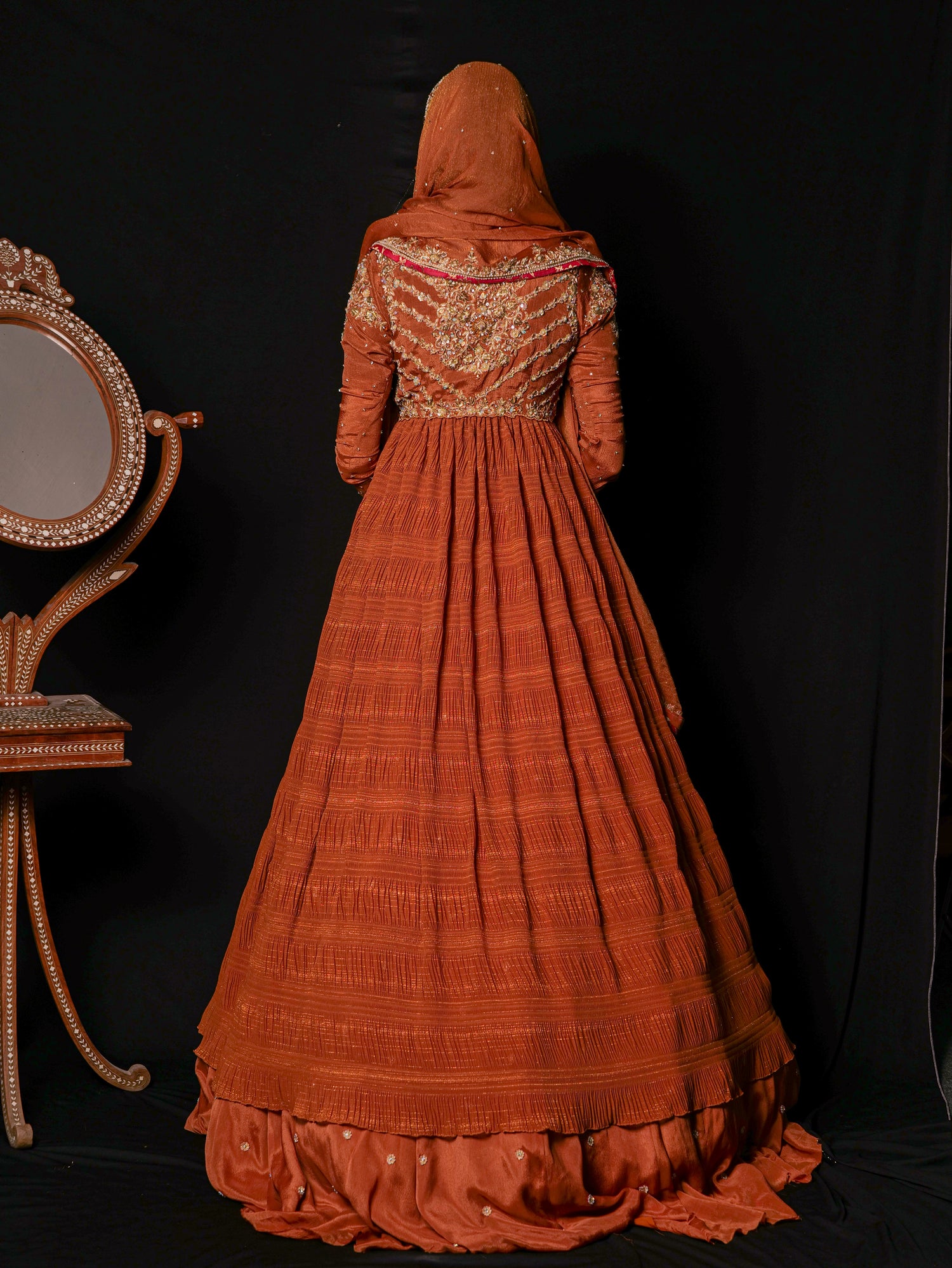 Ruched anarkali with lehenga