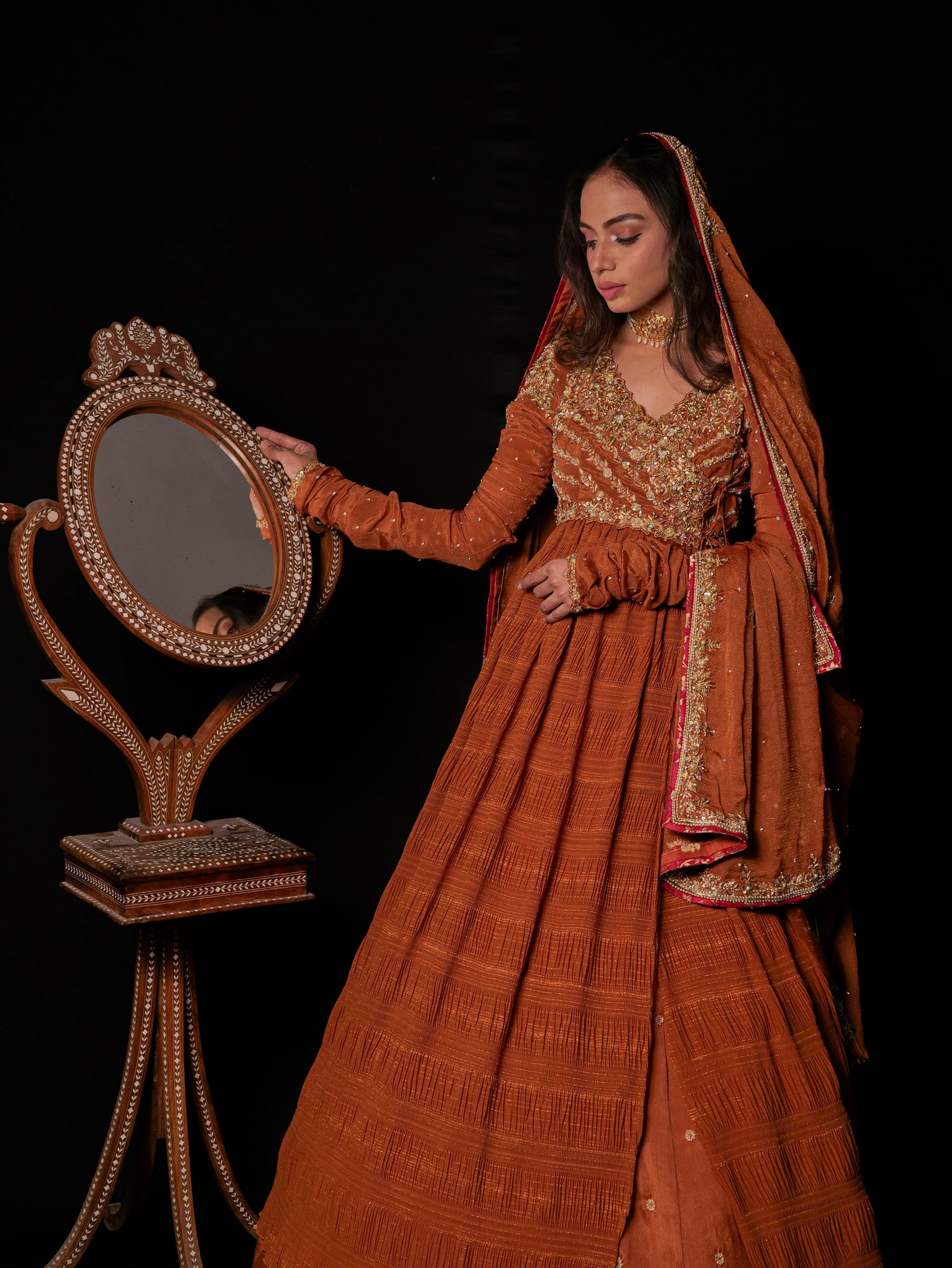 Ruched anarkali with lehenga